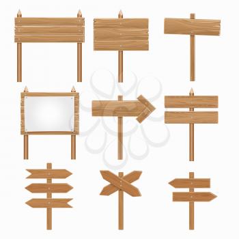 Wooden signboards, wood arrow sign vector set. Directional plank in form arrow, billboard board and arrow signpost illustration