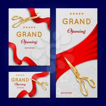 Ribbon cutting with scissors grand opening ceremony vector invitation cards. Invintation banner to opening event illustration