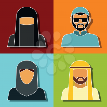 Middle Eastern people avatar. Woman and man isolated on color backdrop. Vector illustration