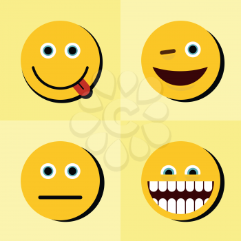 Emoji, emoticons icons on yellow background with black shadow. Face character for chat, vector illustration
