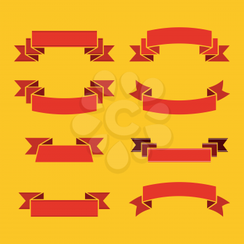 Red ribbons for inscription and lettering on yellow background. Decoration for celebration and holiday. Vector illustration