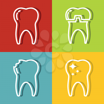 Tooth white line icons on color background. Dental medicine and health care. Vector illustration