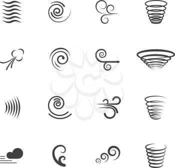 Wind, motion vector icons. Set of swirl and wave, vortex and tornado illustration