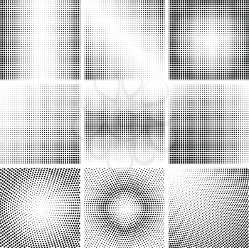 Halftone dots black and white backgrounds vector. Set of patterns in vintage style illustration