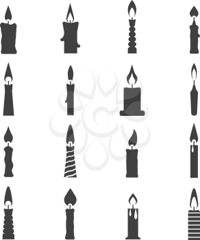 Birthday burning candles black icons isolated on white background. Vector illustration