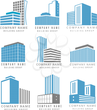 Real estate, construction business logo set with vector buildings icon. Skyscraper house for office, building group illustration