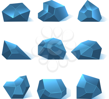 Ice rock pieces vector set. Nature crystal or mineral in blue color illustration