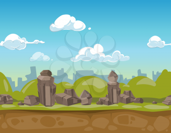 Seamless cartoon park landscape rocky valley for ui game. Vector illustration