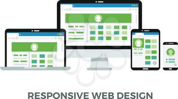 Responsive web design vector concept. website page on screens of desktop computer mobile laptop tablet pc computer and smartphone illustration