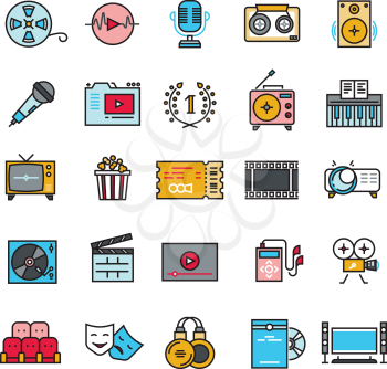 Multimedia sound audio music radio video thin line vector icons with flat elements. Media player and cinema, movie and headphone illustration