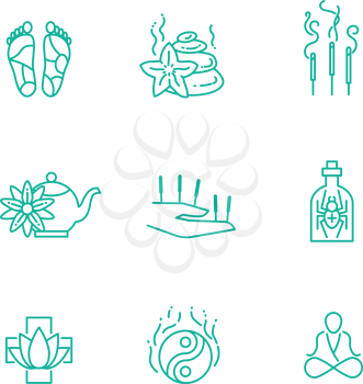 Alternative medicine homeopathy herb thin line vector icons. Aromatherapy and phytotherapy, herbal organic drugs illustration