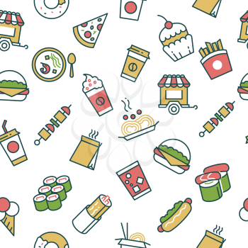 Seamless pattern with fast food line icons. Burger and pizza, sandwich with coffee, vector illustration