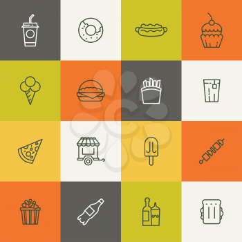 Take away food linear icons. Ice cream and fries, barbecue and popcorn. Vector illustration