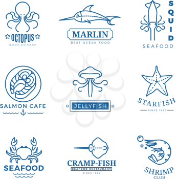 Seafood labels thin line vector labels, logos, emblems for restaurant, fish and octopus illustration