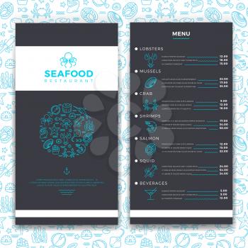 Modern seafood restaurant, cafe brochure menu vector template with line sea food icons. Mussel and crab, salmon and squid illustration