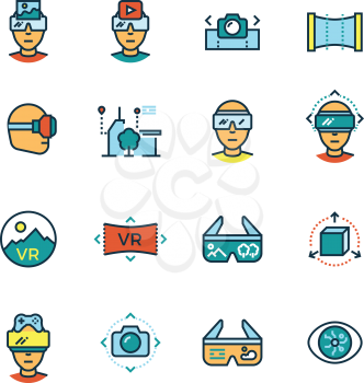Virtual reality, virtual computer, visual communication innovation future technologies thin line icons with color flat elements. Vector illustration