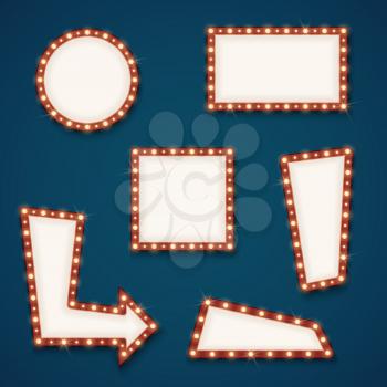 Retro road light empty signs banners with bulbs for cinema, hotel and casino. Vector illustration