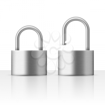 Locked and unlocked padlock vector illustration security concept. Metal lock for safety and privacy