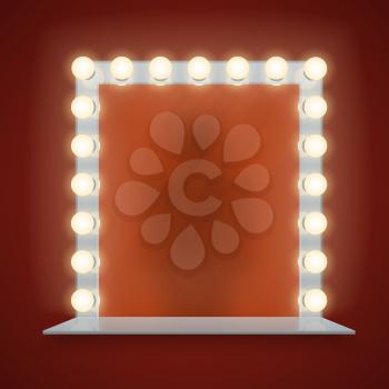Mirror in bulbs frame with makeup table for dressing room or backstage, vector illustration