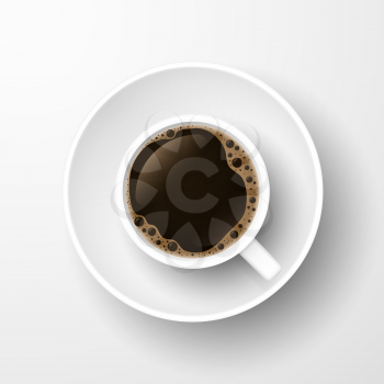 Realistic top view black coffee cup and saucer isolated on white background. Vector illustration