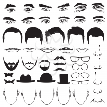 Man face eyes and noses, mustaches and glasses, hats and lips, ties and beards. Man head vector illustration elements