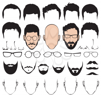 Design constructor with man head vector silhouette shapes of haircuts, glasses, beards, mustaches. Haircut for fashion gentleman illustration