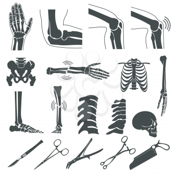 Orthopedic and spine vector black symbols. human bones icons. Hand and leg, skull and joint knee illustration