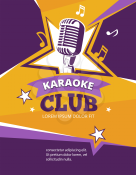Karaoke party vector poster. Music karaoke club banner with retro microphone illustration