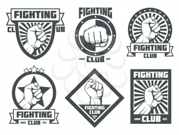 Fighting club mma lucha libre vintage emblems labels badges logos with man fist. Vector illustration
