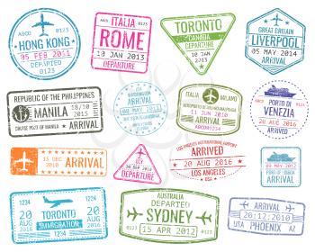 International business travel visa stamps vector arrivals sign. Set of variety rubber stamp city illustration