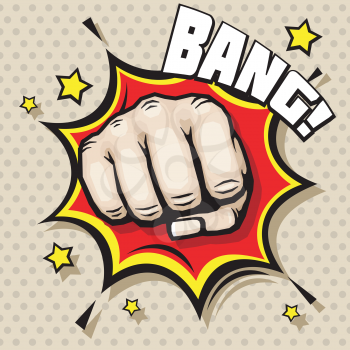 Hitting fist, bang in pop art style, struggle concept background. Power hit, protest and attack, vector illustration