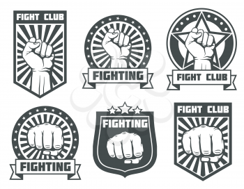 Fight club with fist vintage labels, logos, emblems vector set. Boxing sport, kickboxing logotype illustration