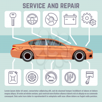 Car and car parts, service and repair line icons vector infographic template. Banner with automobile speedometer transmission, brakes and battery illustration