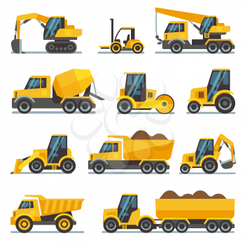 Industrial construction equipment and machinery flat vector icons excavator and tractor, bulldozer and industrial loader illustration