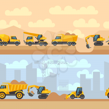 Seamless horizontal construction backgrounds with construction equipment machines cranes tractor trucks flat icons. Vector illustration