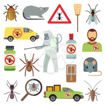 Home pest control service flat vector icons set. Protection from bug and cockroach illustration