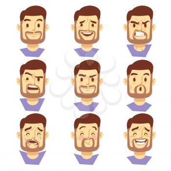 Bearded hipster man character emotions, bearded male heads set. Hipster with beard sad or happy, vector illustration