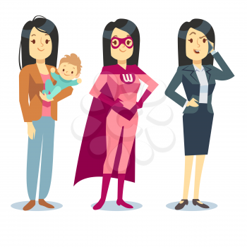 Super woman in superhero costume, mom with baby, businesswoman balancing vector concept. Motherhood and career job illustration