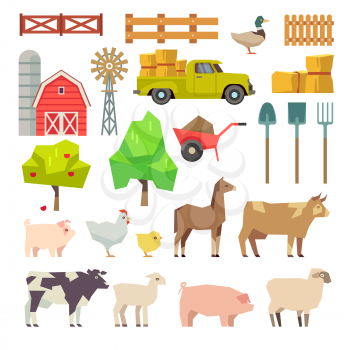 Cartoon farm elements, animals and tools, trees and agricultural machinery. Fruit and windmill, farming building illustration