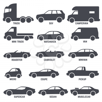 Car automobile types black vector icons isolated on white background. Hatchback and roadster, cabriolet and minivan illustration