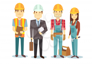 Construction workers team vector builder characters group foreman architect and investor illustration