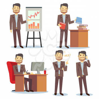 Businessman in various situations in office vector business peoples cartoon flat set. Consultant showing and pointing to report illustration