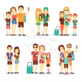 Happy couple, family, people, tourists vector travelling cartoon characters. Family holiday journey, mother father and children illustration