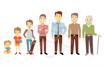 Men generation at different ages from infant baby to senior old man vector illustration. Teenager and young man, process aging