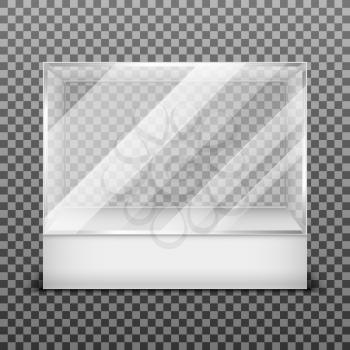 Transparent display glass box isolated on checkered background. Empty container for exhibition in gallery, vector illustration