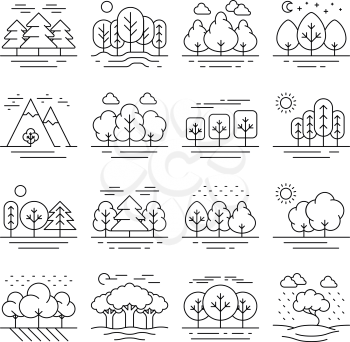 Nature forest landscape thin line icons. Tree plant and mountain, vector illustration