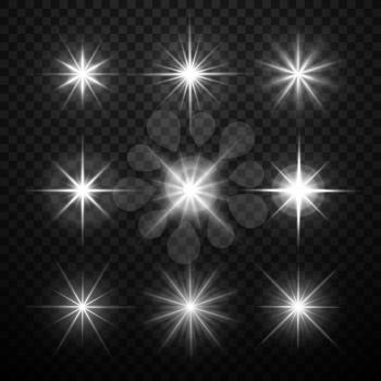 Glowing light effects, stars bursts with sparkles isolated on transparent checkered background. Vector illustration