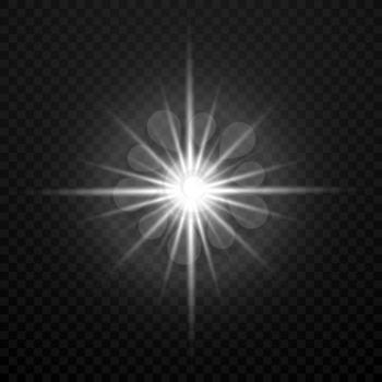 Vector white glowing transparent brightly light star burst explosion isolated on transparent plaid backdrop. Light glitter star illustration