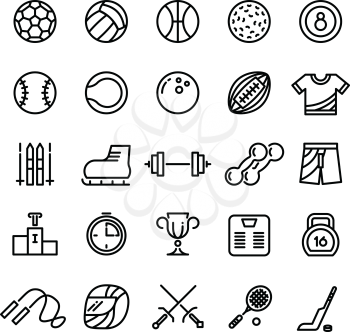 Sports wear equipment line vector icons set. Ball for basketball and tennis, soccer and baseball game illustration