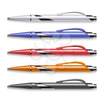 Vector colored office pens. Set of ballpoint colored for office work and education to school illustration
